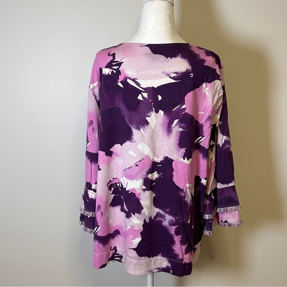 Chico's Women’s Size 4(XXL) Elegant Purple Pink cream Top 3/4 bell fringe sleeve - Picture 3 of 11